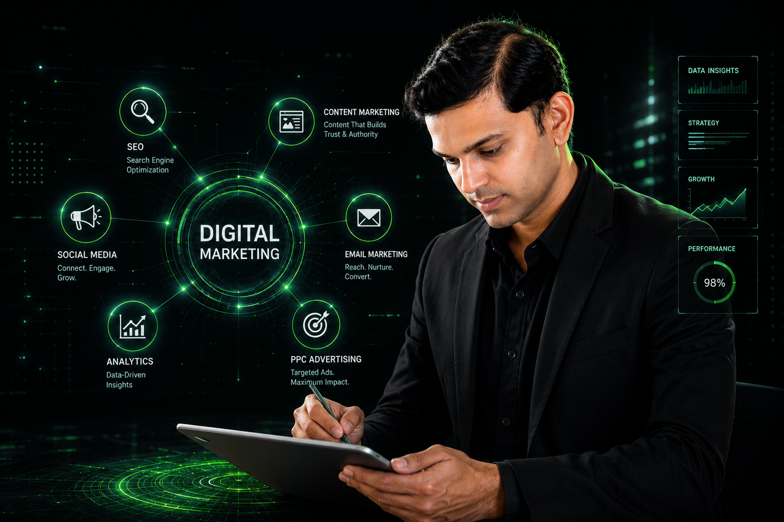 Digital marketer analyzing business data and AI analytics dashboard on a smartphone