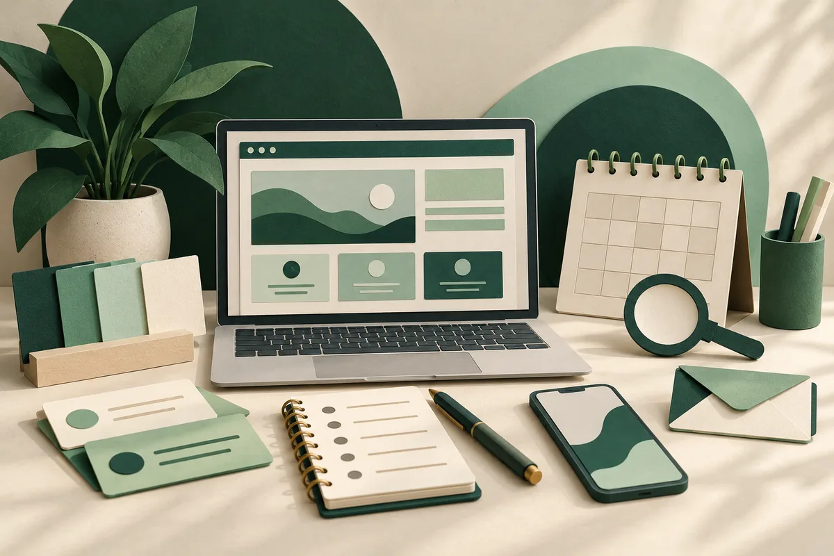 Illustration of website planning cards, a laptop, email and brand colour swatches